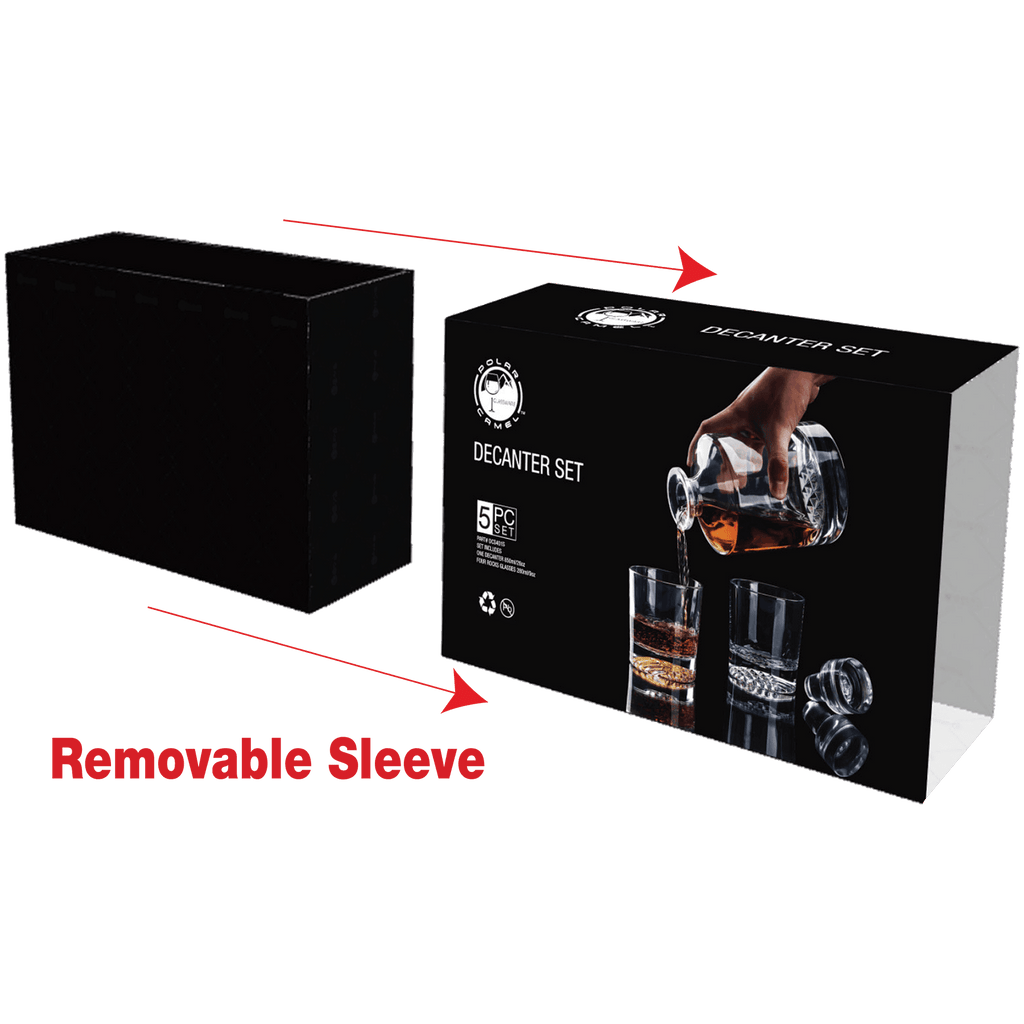 Black box packaging for a decanter set with a removable sleeve feature highlighted.