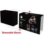 Black box packaging for a decanter set with a removable sleeve feature highlighted.