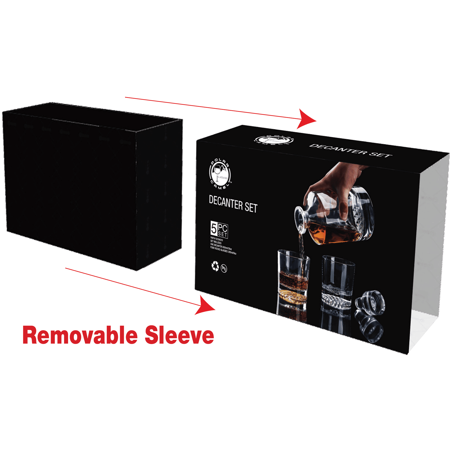 Black box packaging for a decanter set with a removable sleeve feature highlighted.