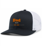 Black and white cap with 'Dad Keith EST. 2018' text on a white background