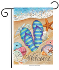 Decorative flag with flip-flops, shells, and 'Welcome' text on a beach theme.