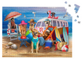 Jigsaw puzzle with a beach scene featuring dogs and a van, completed.