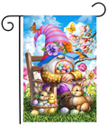 Garden flag with a colorful gnome holding Easter eggs, surrounded by bunnies and flowers.