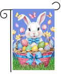 Easter-themed garden flag with a bunny and Easter eggs on a blue background