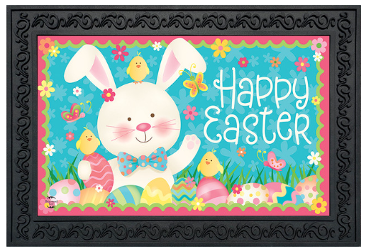 Easter-themed decorative mat with a bunny and chicks on a blue background