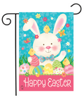 Easter-themed garden flag with a bunny, eggs, and chicks on a blue background.