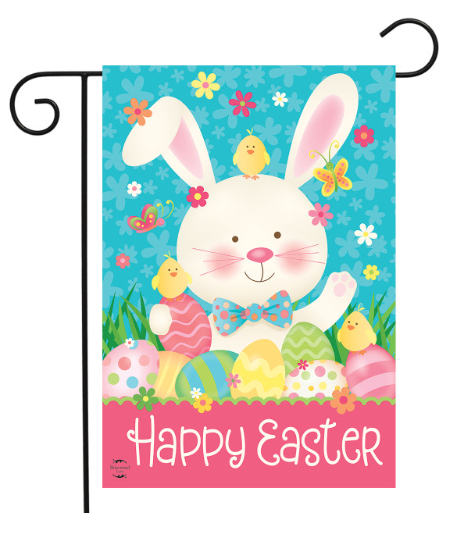 Easter-themed garden flag with a bunny, eggs, and chicks on a blue background.