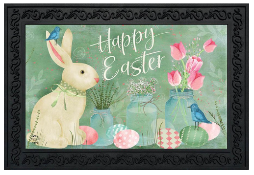 Easter-themed decorative mat with a rabbit, eggs, and flowers on a green background.