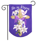 Decorative garden flag with cross, lilies, dove, and 'He is Risen' text on a purple background.