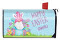 Easter gnome mailbox cover with flowers and 'Happy Easter Gnome!' text on a blue background