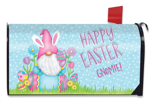 Easter gnome mailbox cover with flowers and 'Happy Easter Gnome!' text on a blue background