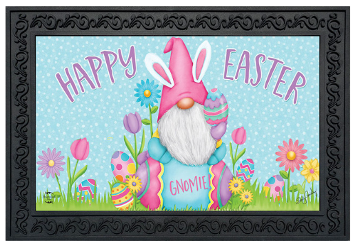 Easter-themed doormat with a gnome wearing a bunny hat and surrounded by flowers and eggs.