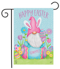 Easter-themed garden flag with a gnome wearing bunny ears and flowers.