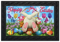 Easter-themed doormat with bunny, eggs, and flowers on a decorative border.