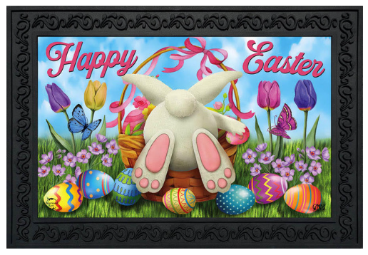 Easter-themed doormat with bunny, eggs, and flowers on a decorative border.