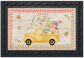 Decorative mat with a yellow truck carrying Easter eggs and flowers on a checkered background.