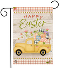 Garden flag with a yellow truck, Easter eggs, and flowers on a wooden background with 'Happy Easter' text.