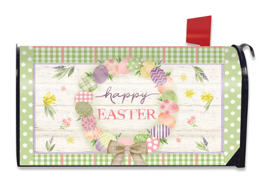 Easter-themed mailbox cover with floral design and 'Happy Easter' text on a white background.