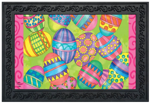Colorful Easter egg design on a green background with a decorative black frame.