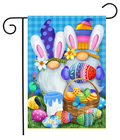 Decorative garden flag with an Easter gnome holding a basket of eggs on a blue checkered background.