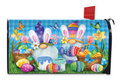 Easter-themed mailbox cover with colorful gnomes, eggs, and flowers on a blue background.