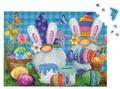 Easter-themed puzzle with bunnies, eggs, and flowers on a blue background