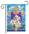 Decorative flag with a cross, lilies, and a dove on a blue background