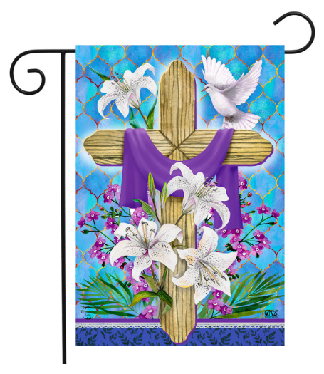 Decorative flag with a cross, lilies, and a dove on a blue background