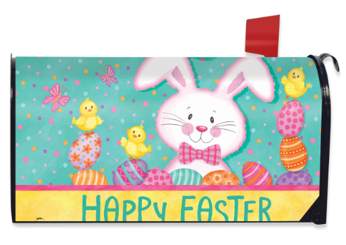 Colorful Easter-themed mailbox cover with a bunny and chicks design.