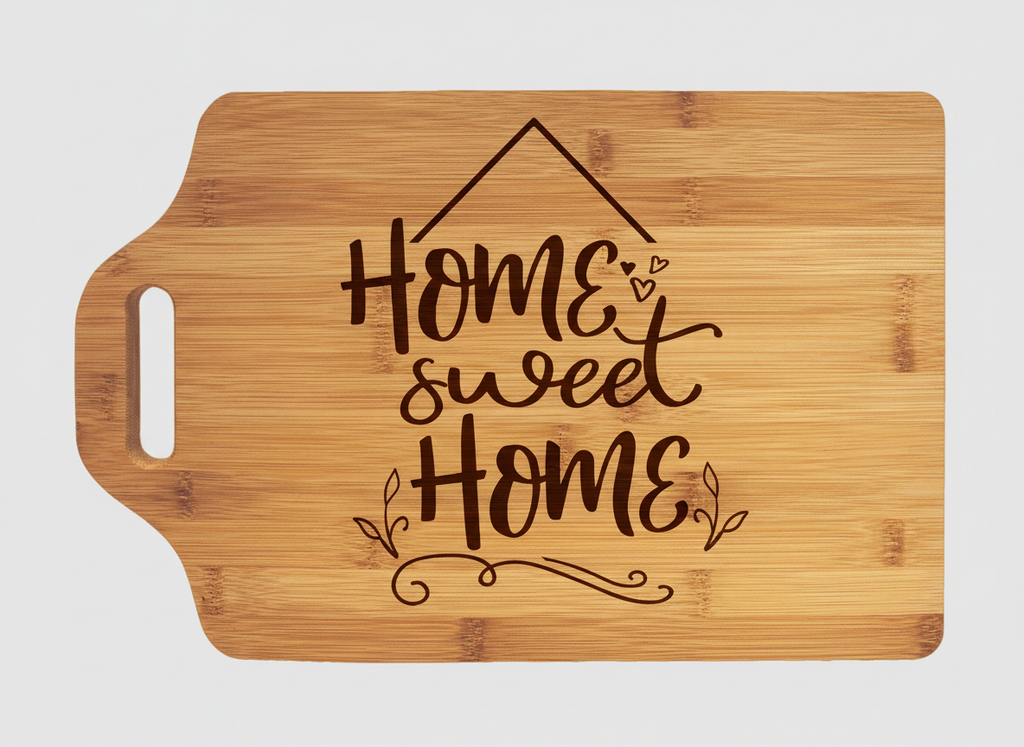 A rectangular bamboo cutting board with a handle cutout on the left, featuring the phrase 'Home sweet Home' in dark brown script and decorative flourishes on a light gray background.