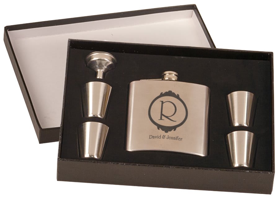 6 oz. Stainless Steel Flask Set in Black Presentation Box (4-Piece)