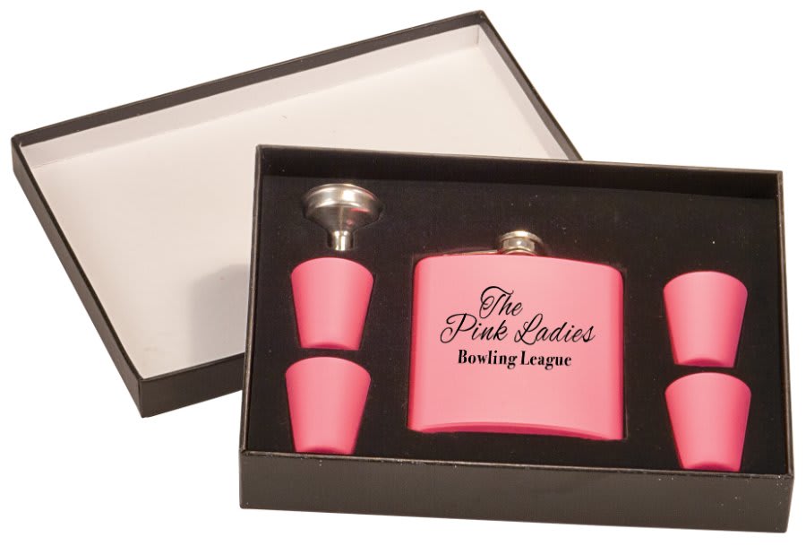 6 oz. Matte Pink Flask Set in Black Presentation Box (5-Piece)