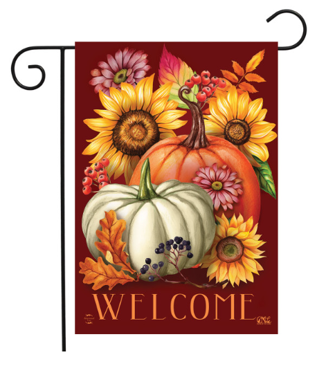 Fall Beauty garden flag with autumn floral design in warm fall colors outdoors
