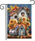 Fall Feathered Friends garden flag featuring autumn birds with warm fall colors, displayed as outdoor porch and yard decor.