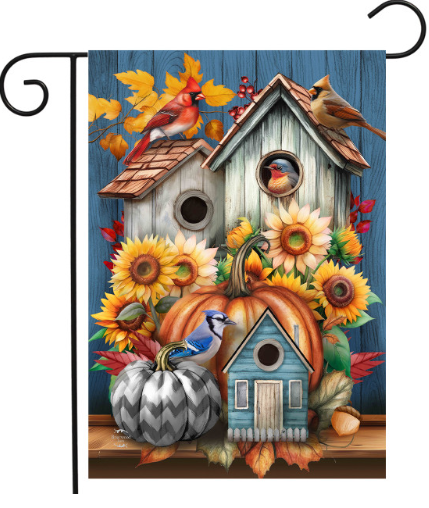 Fall Feathered Friends garden flag featuring autumn birds with warm fall colors, displayed as outdoor porch and yard decor.