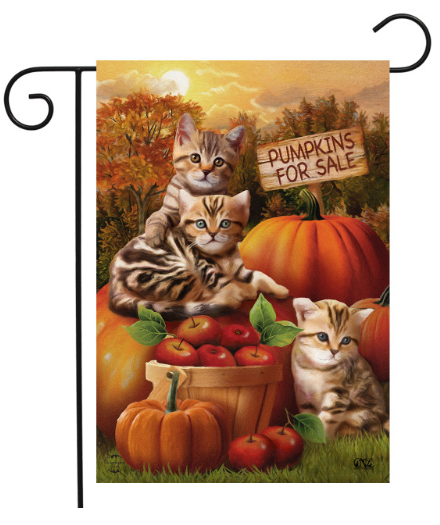 Fall Kittens garden flag featuring cute kittens with warm autumn colors, displayed as outdoor porch and yard decor.