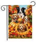 Fall Pumpkin Puppies garden flag featuring puppies with pumpkins in warm autumn colors, displayed as outdoor porch and yard decor.