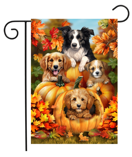 Fall Pumpkin Puppies garden flag featuring puppies with pumpkins in warm autumn colors, displayed as outdoor porch and yard decor.