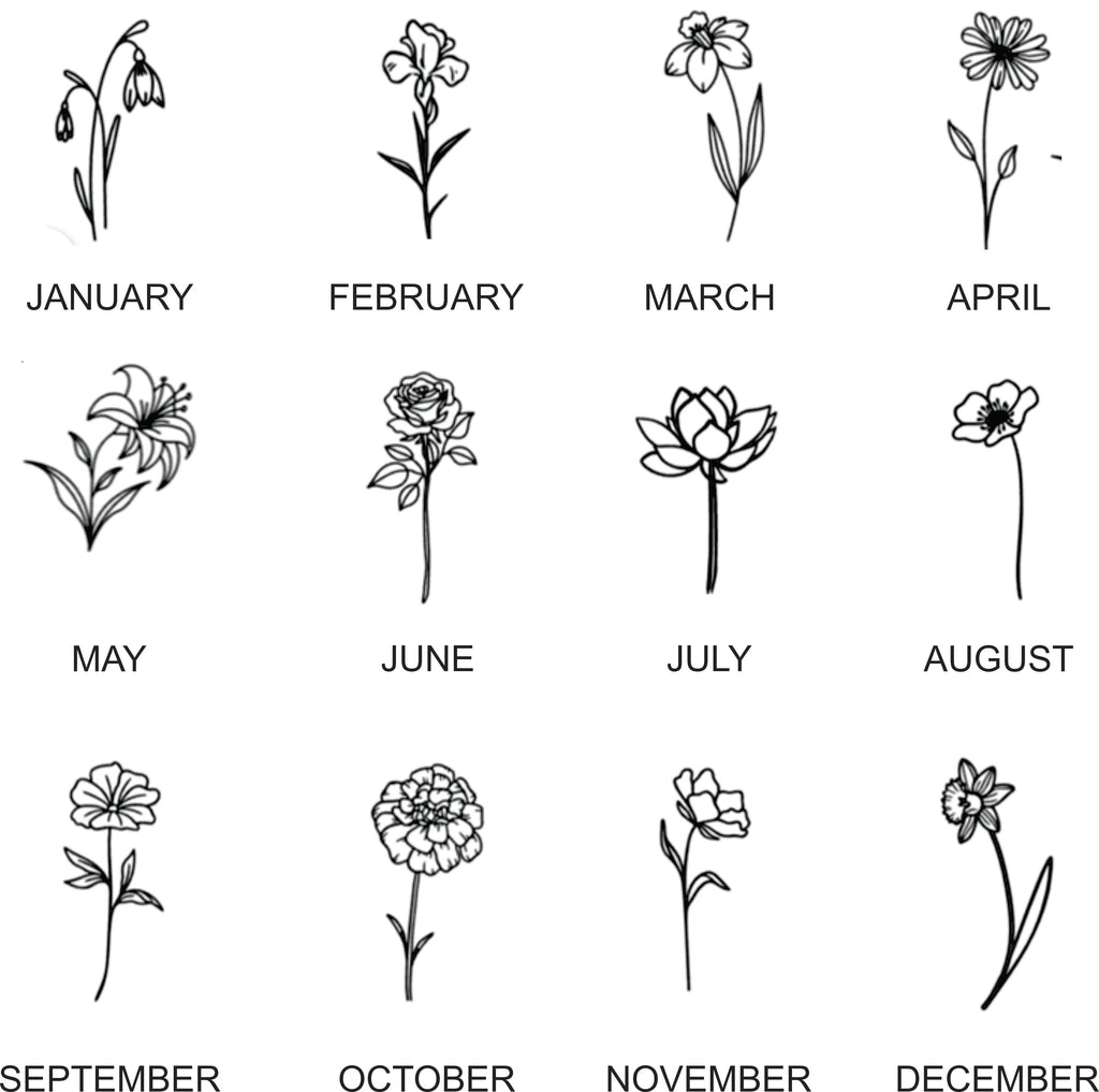 A black-and-white monthly calendar-style graphic showing 12 illustrated flowers, each labeled with a month from January to December on a plain white background.