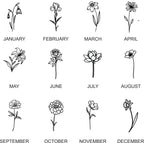 A black-and-white monthly calendar-style graphic showing 12 illustrated flowers, each labeled with a month from January to December on a plain white background.