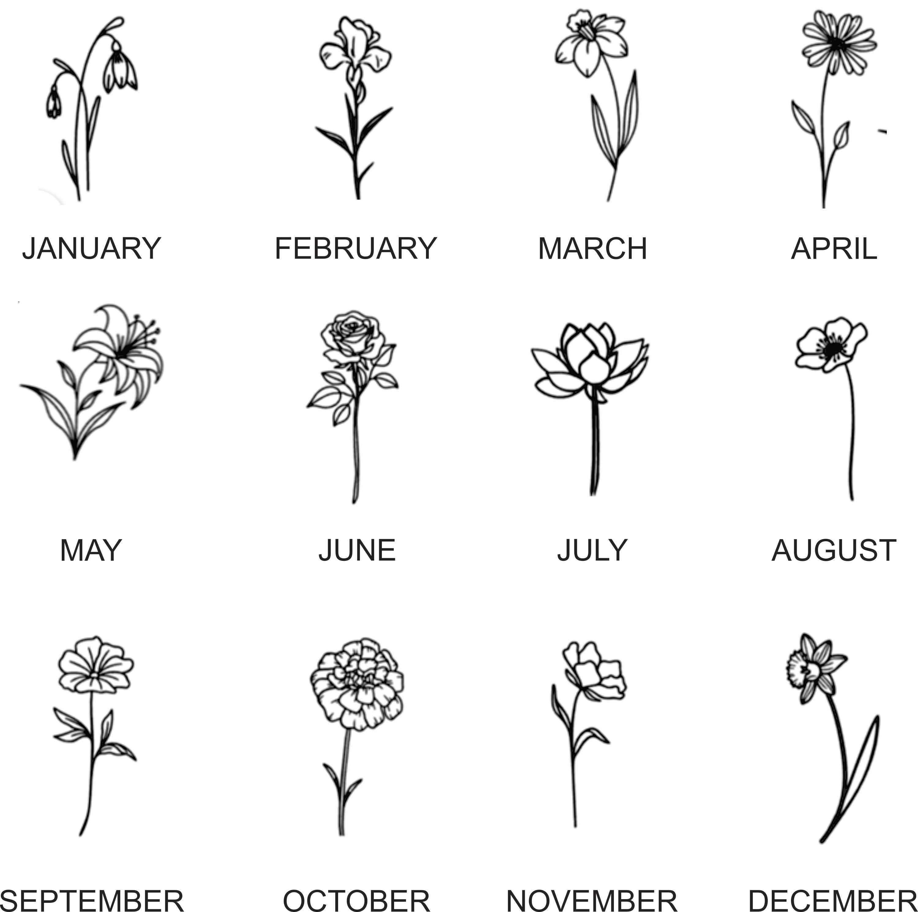 A black-and-white monthly calendar-style graphic showing 12 illustrated flowers, each labeled with a month from January to December on a plain white background.