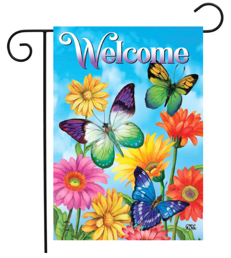 Decorative garden flag with colorful butterflies and flowers and the word 'Welcome'.