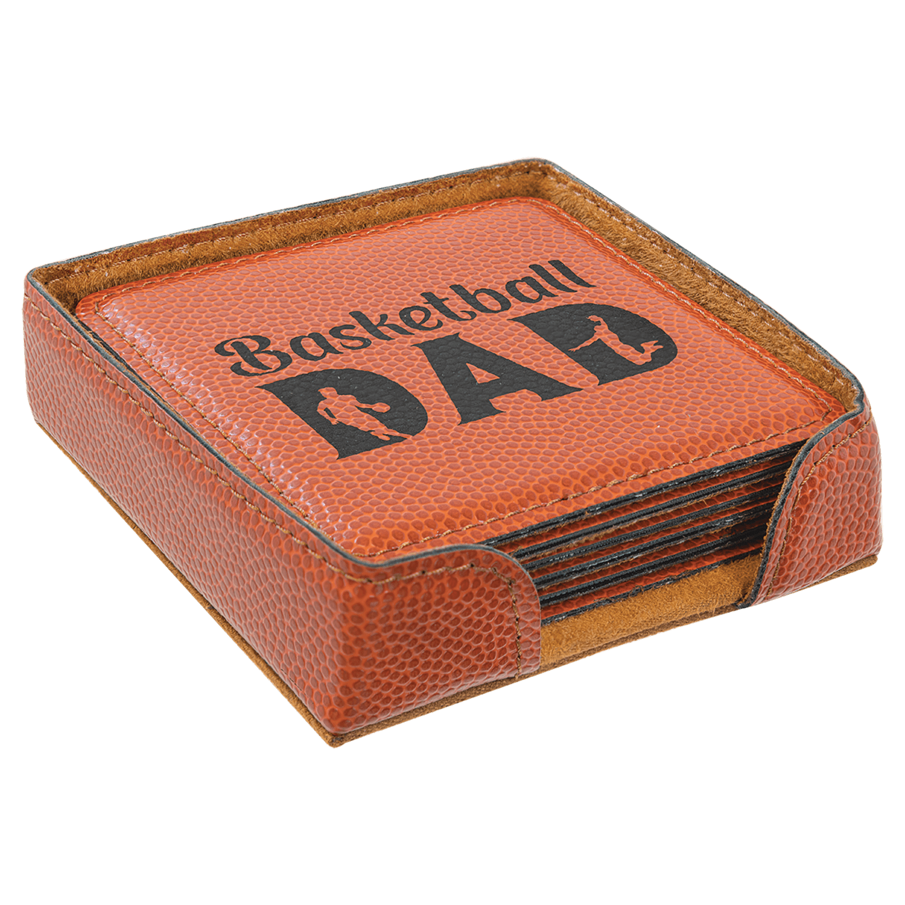 Personalized 4" x 4" Basketball Leatherette Square Coaster Set (6-Pack with Holder) – Laser Engraved