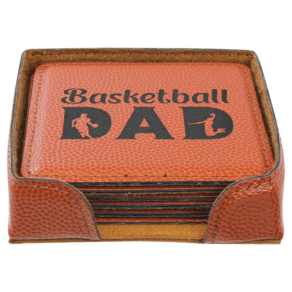 Personalized 4" x 4" Basketball Leatherette Square Coaster Set (6-Pack with Holder) – Laser Engraved