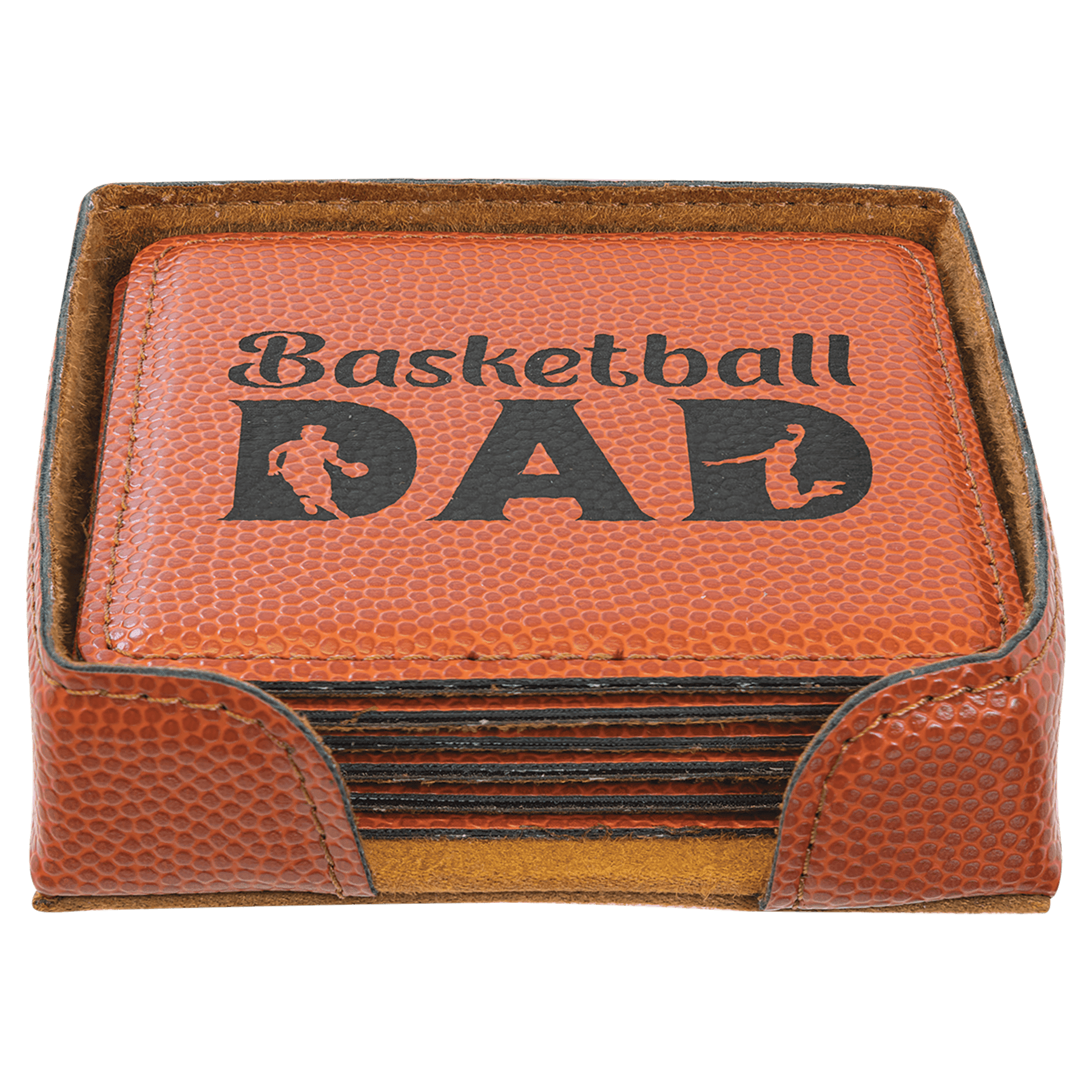 Personalized 4" x 4" Basketball Leatherette Square Coaster Set (6-Pack with Holder) – Laser Engraved