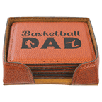 Personalized 4" x 4" Basketball Leatherette Square Coaster Set (6-Pack with Holder) – Laser Engraved