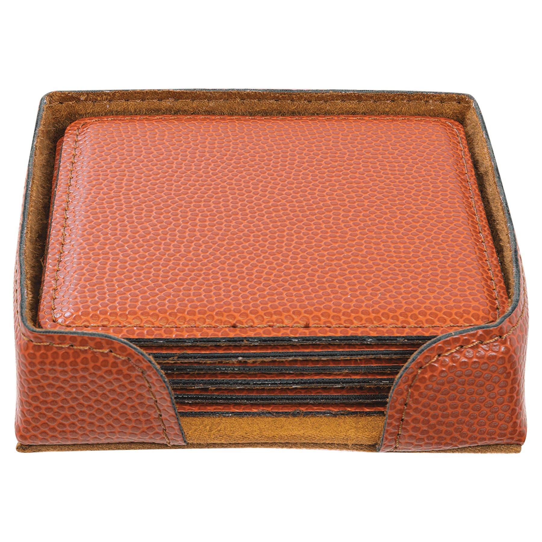 Personalized 4" x 4" Basketball Leatherette Square Coaster Set (6-Pack with Holder) – Laser Engraved