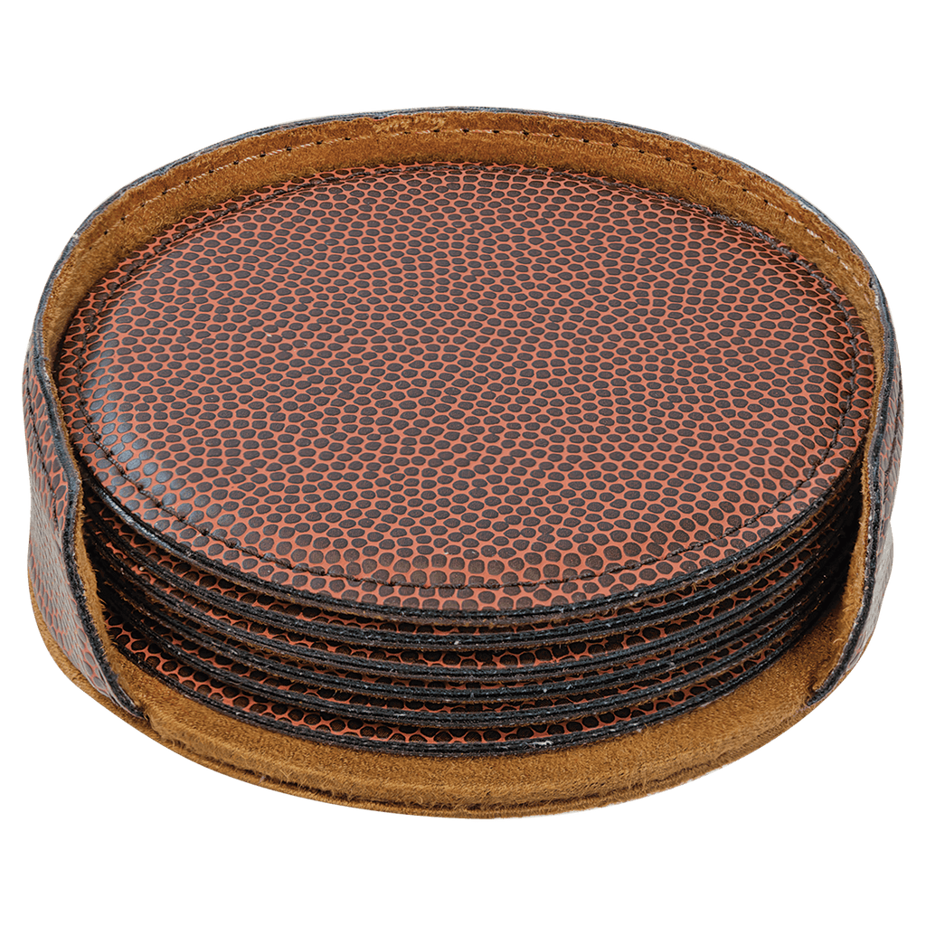 Personalized 4" Football Leatherette Round Coaster Set (6-Pack with Holder) – Laser Engraved