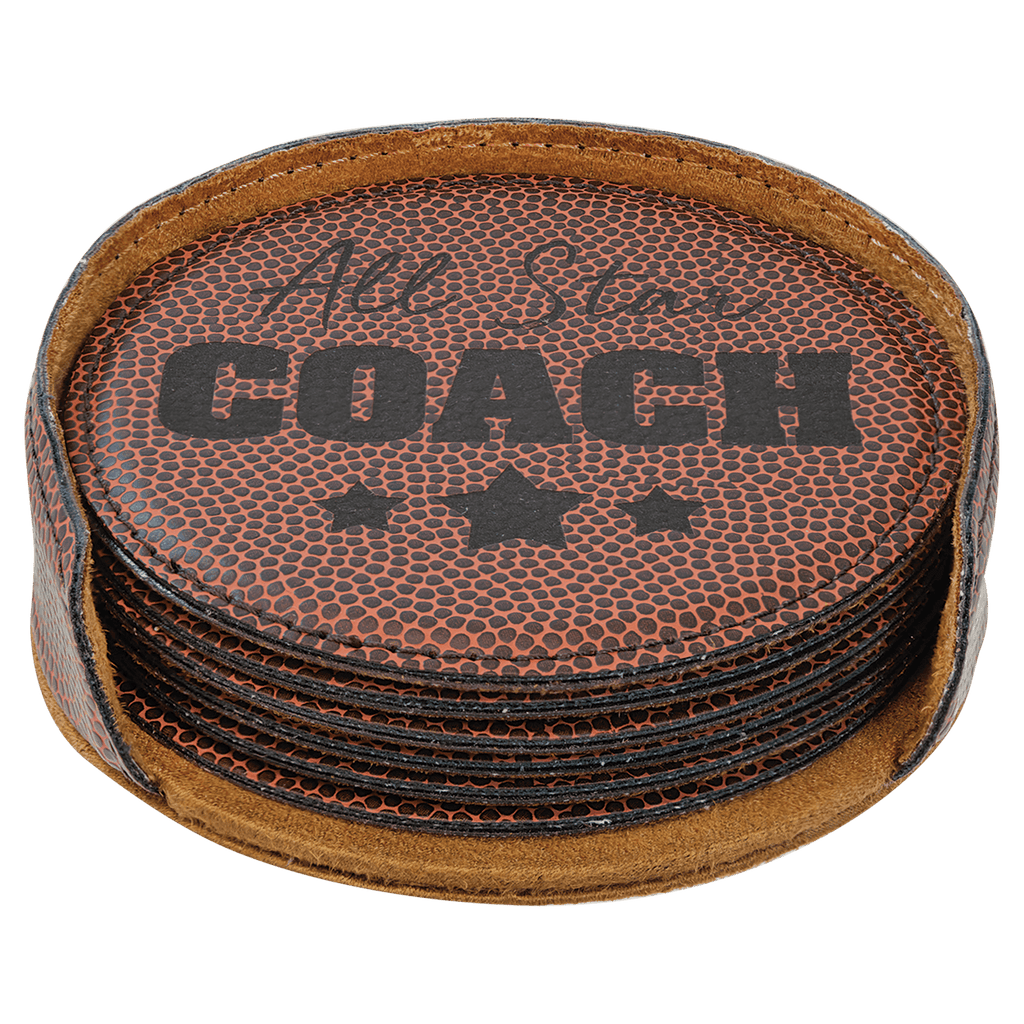 Personalized 4" Football Leatherette Round Coaster Set (6-Pack with Holder) – Laser Engraved