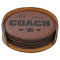 Personalized 4" Football Leatherette Round Coaster Set (6-Pack with Holder) – Laser Engraved